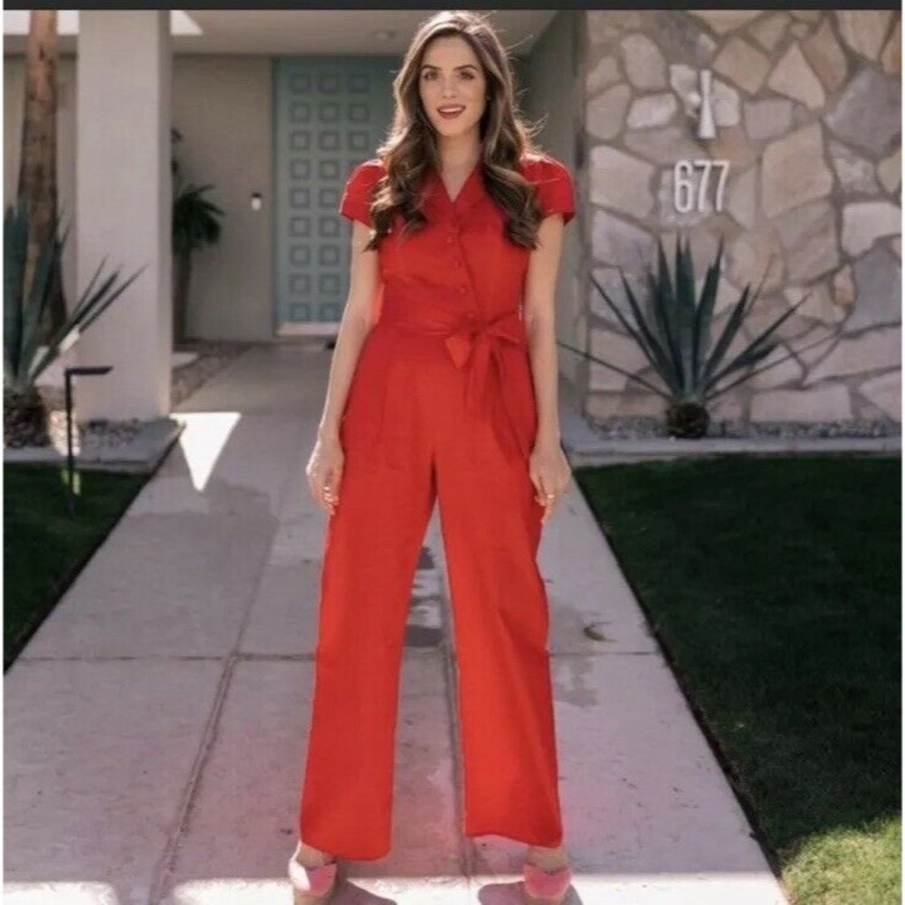 Gal Meets Glam Size US 4 Small Camille Red Cotton Jumpsuit NWT New GORGEOUS RARE